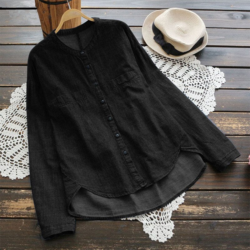Plus Size S 5XL Jean Blouse Autumn Stand Collar Long Sleeve Women Blouse Solid Office Shirt Casual Tops Blusas Chemise Femme