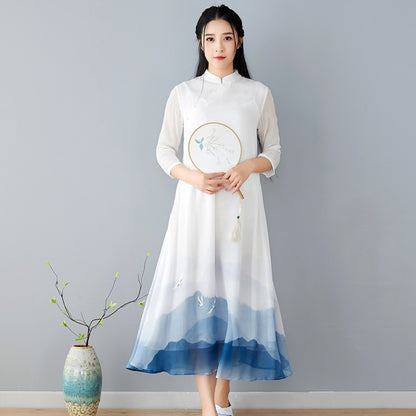 Plus Size Vintage Women Stand Collar 3/4 Sleeve White Dress Robe Femme Sundress Linen Vestido Chinese Cheongsam AA4651