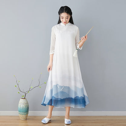 Plus Size Vintage Women Stand Collar 3/4 Sleeve White Dress Robe Femme Sundress Linen Vestido Chinese Cheongsam AA4651