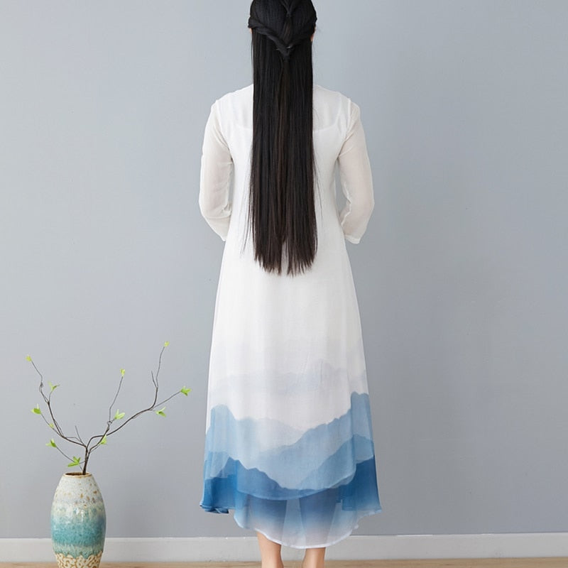 Plus Size Vintage Women Stand Collar 3/4 Sleeve White Dress Robe Femme Sundress Linen Vestido Chinese Cheongsam AA4651