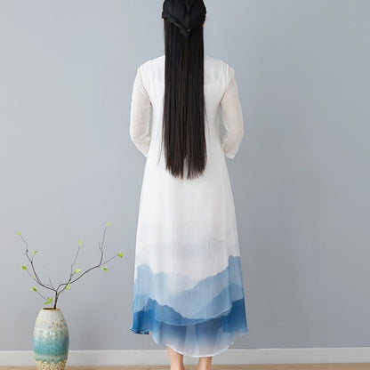 Plus Size Vintage Women Stand Collar 3/4 Sleeve White Dress Robe Femme Sundress Linen Vestido Chinese Cheongsam AA4651