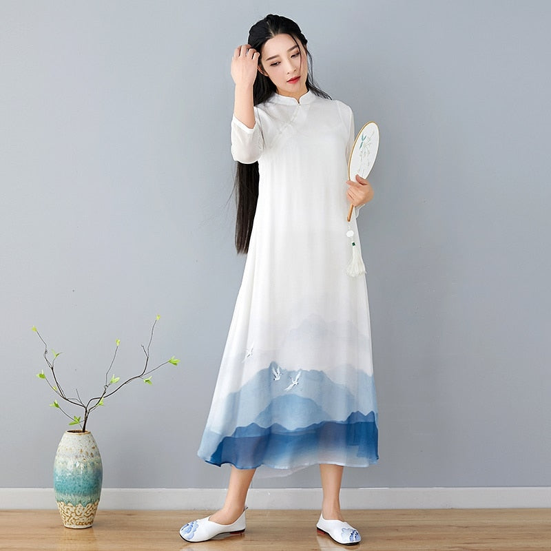 Plus Size Vintage Women Stand Collar 3/4 Sleeve White Dress Robe Femme Sundress Linen Vestido Chinese Cheongsam AA4651