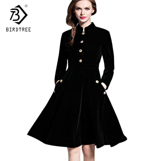 Black Velvet Dress Women  Vintage Long Sleeves Audrey Hepburn Ladies Office Robe Dresses  D7D102A