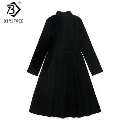 Black Velvet Dress Women  Vintage Long Sleeves Audrey Hepburn Ladies Office Robe Dresses  D7D102A