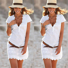 將圖片載入圖庫檢視器 Plus Size Women&#39;s Short Sleeve Loose Mini Dress Summer White Embroidery Sexy V-neck Evening Ladies Summer Party Mini Dress S-4XL
