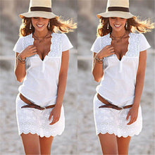 將圖片載入圖庫檢視器 Plus Size Women&#39;s Short Sleeve Loose Mini Dress Summer White Embroidery Sexy V-neck Evening Ladies Summer Party Mini Dress S-4XL
