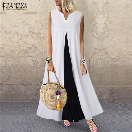 Plus Size ZANZEA Women Summer Sleeveless Pacthwork Dress Vintage Cotton Linen Vestido Robe Femme Long Sundress Kaftan Dresses 7