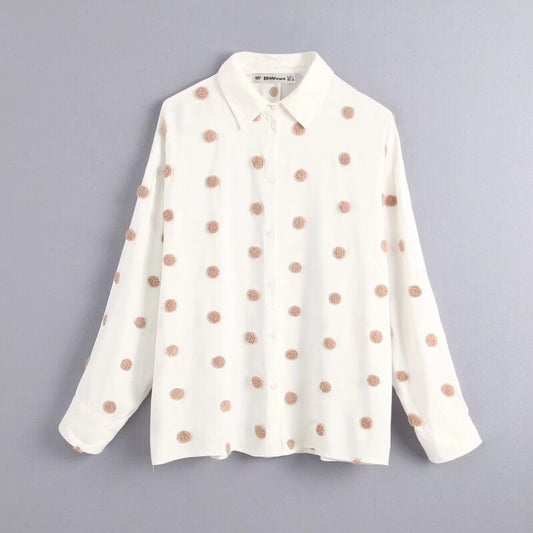 Polka Dot Embroidery Women Long Sleeve Shirt 2019 Autumn Leisure Lady Turn down Collar Blouse Loose Tops S6360