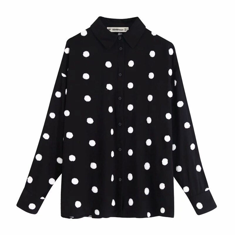 Polka Dot Embroidery Women Long Sleeve Shirt 2019 Autumn Leisure Lady Turn down Collar Blouse Loose Tops S6360
