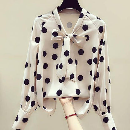 Polka Dots Print Women Casual Blouse Shirt Long Sleeve Bow Collar Loose Women's Blouses And Tops Comfortable and Breathable
