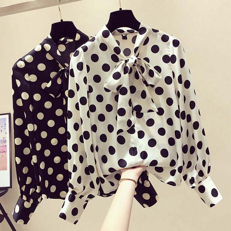 Polka Dots Print Women Casual Blouse Shirt Long Sleeve Bow Collar Loose Women's Blouses And Tops Comfortable and Breathable