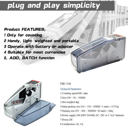 Portable Counting Machine EU-V40 Financial Equipment CountersMini Handy Money Counter for most Currency Note Bill Cash