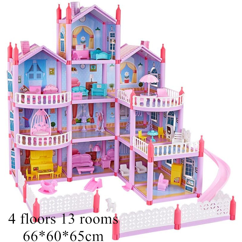 Princess Big Villa DIY Dollhouses Casa Muñecas Pink Castle Play House With Slide Yard Kit Assembled Doll House Toys
