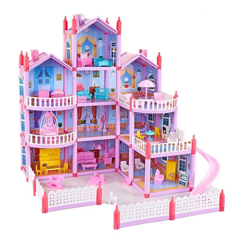 Princess Big Villa DIY Dollhouses Casa Muñecas Pink Castle Play House With Slide Yard Kit Assembled Doll House Toys