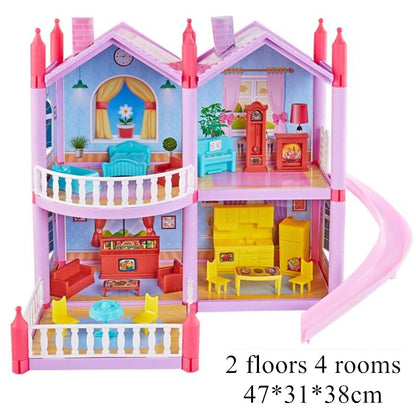 Princess Big Villa DIY Dollhouses Casa Muñecas Pink Castle Play House With Slide Yard Kit Assembled Doll House Toys