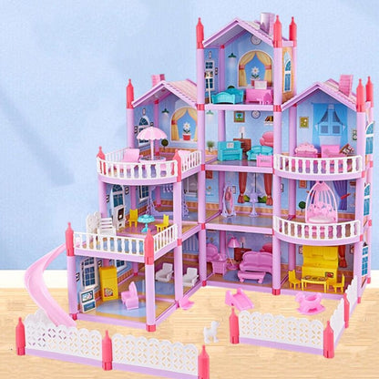 Princess Big Villa DIY Dollhouses Casa Muñecas Pink Castle Play House With Slide Yard Kit Assembled Doll House Toys