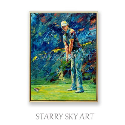 Professional Artist Pure Hand-painted Impressionist Colorful Playing Golf Oil Painting on Canvas Play Golf Portrait Oil Painting