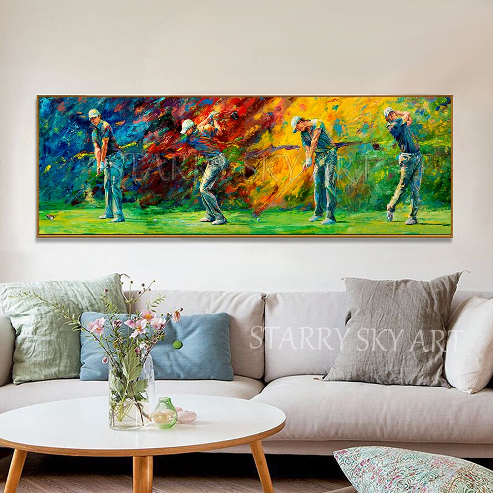 Professional Artist Pure Hand-painted Impressionist Colorful Playing Golf Oil Painting on Canvas Play Golf Portrait Oil Painting