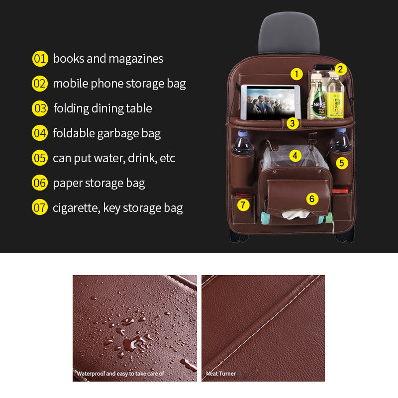 Pu Leather Car Seat Back Organizer Tray Travel Car Storage Organizer Pad Bag With Foldable Table Car Trash Can Auto Accessories