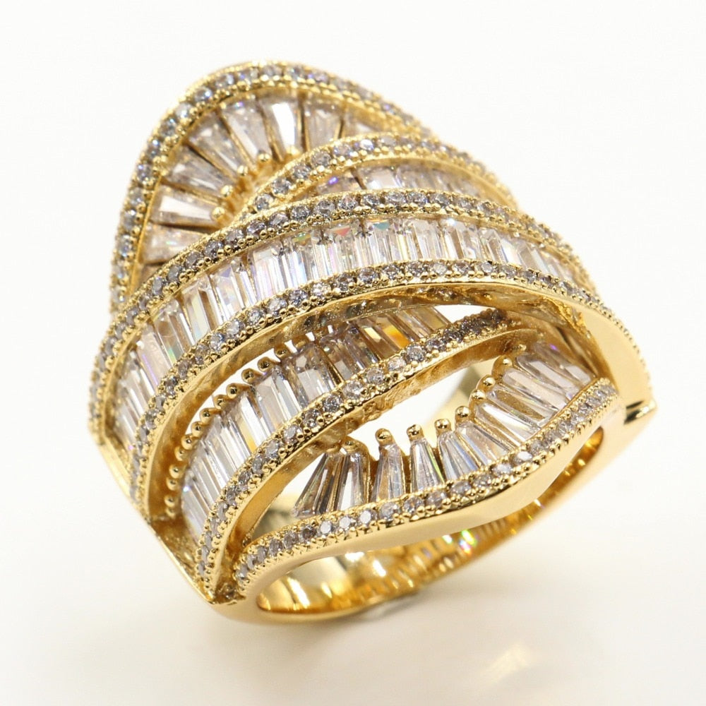 Punk Retro Fashion Jewellery 925 Sterling Silver & Gold Filled Princess Cut White Clear 5A Cubic Zirconia Wide Wedding Band Ring Gift