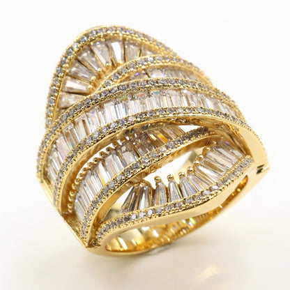 Punk Retro Fashion Jewellery 925 Sterling Silver & Gold Filled Princess Cut White Clear 5A Cubic Zirconia Wide Wedding Band Ring Gift