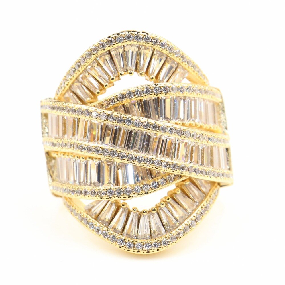 Punk Retro Fashion Jewellery 925 Sterling Silver & Gold Filled Princess Cut White Clear 5A Cubic Zirconia Wide Wedding Band Ring Gift