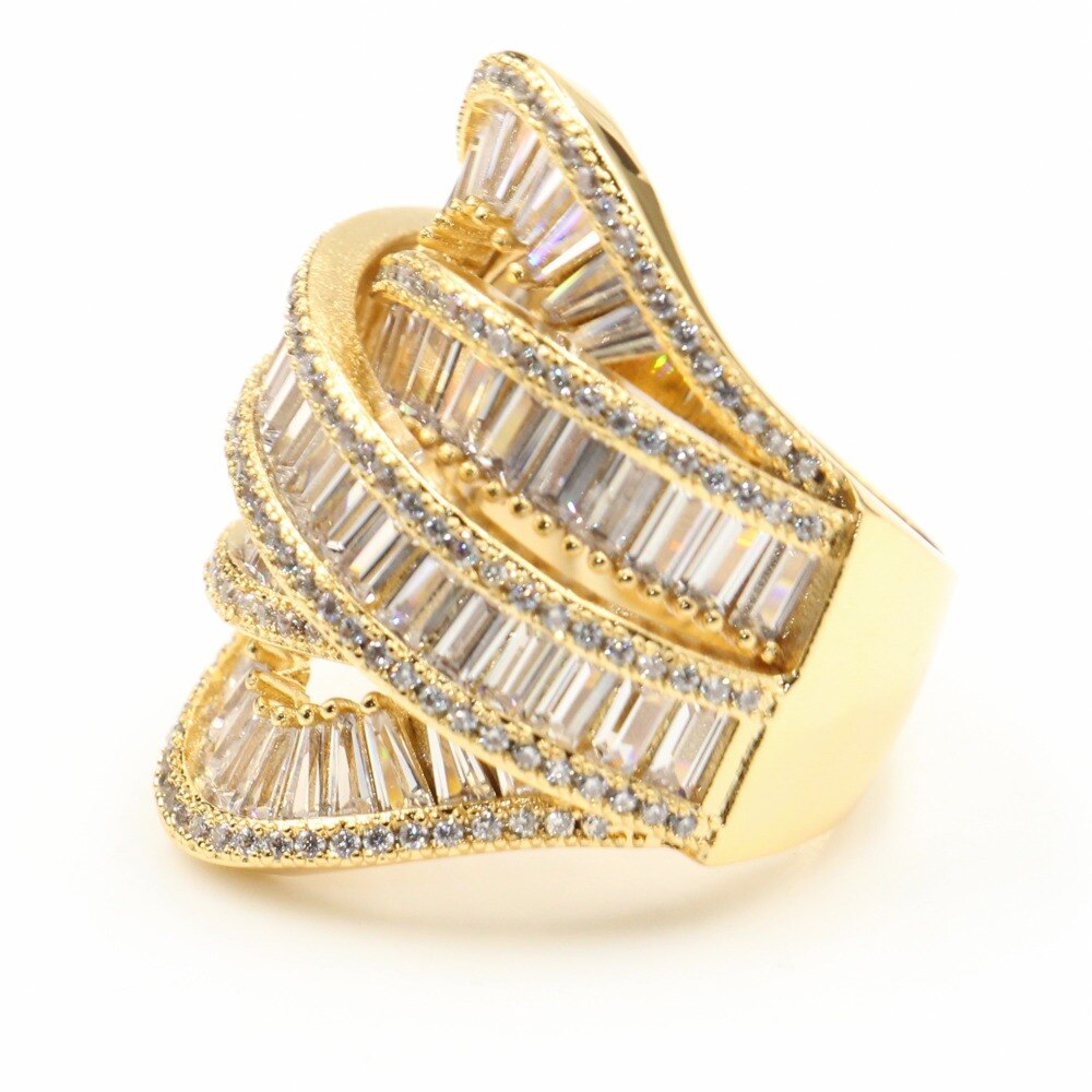 Punk Retro Fashion Jewellery 925 Sterling Silver & Gold Filled Princess Cut White Clear 5A Cubic Zirconia Wide Wedding Band Ring Gift