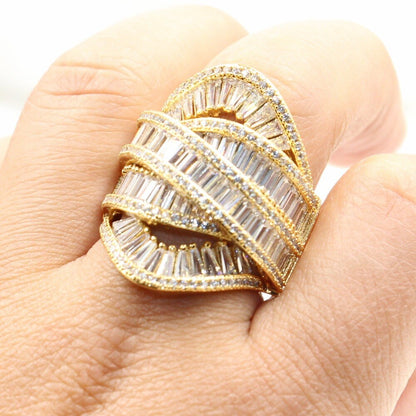 Punk Retro Fashion Jewellery 925 Sterling Silver & Gold Filled Princess Cut White Clear 5A Cubic Zirconia Wide Wedding Band Ring Gift