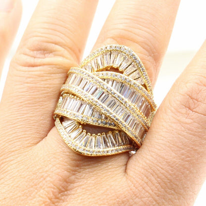 Punk Retro Fashion Jewellery 925 Sterling Silver & Gold Filled Princess Cut White Clear 5A Cubic Zirconia Wide Wedding Band Ring Gift