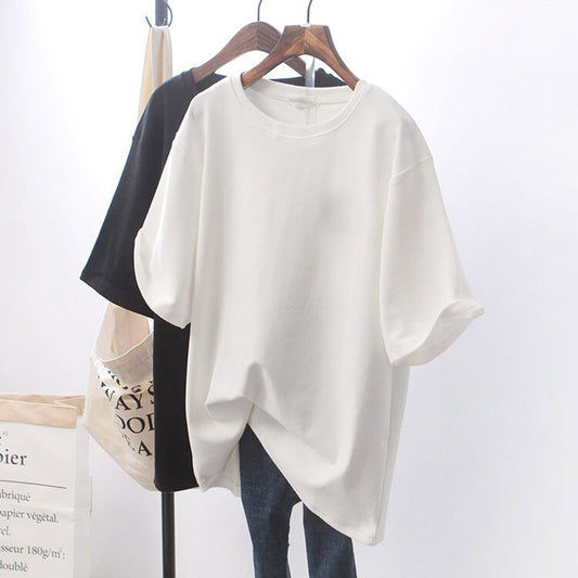 Pure white T-shirt women's loose short-sleeved cotton T-shirt in the long size summer women's new style