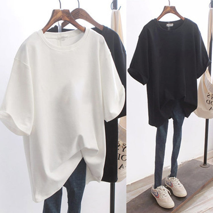 Pure white T-shirt women's loose short-sleeved cotton T-shirt in the long size summer women's new style