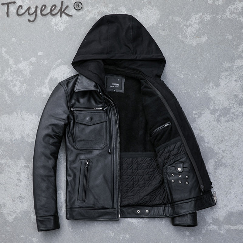 Quality Winter High Autumn Cow Leather Jacket Men Hooded Motorcycle Jackets Fashion Mens Clothing Chamarrasde Hombre LW01