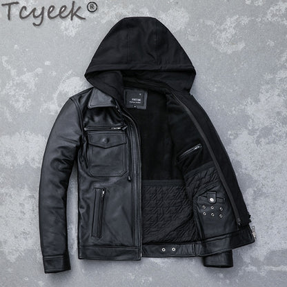 Quality Winter High Autumn Cow Leather Jacket Men Hooded Motorcycle Jackets Fashion Mens Clothing Chamarrasde Hombre LW01
