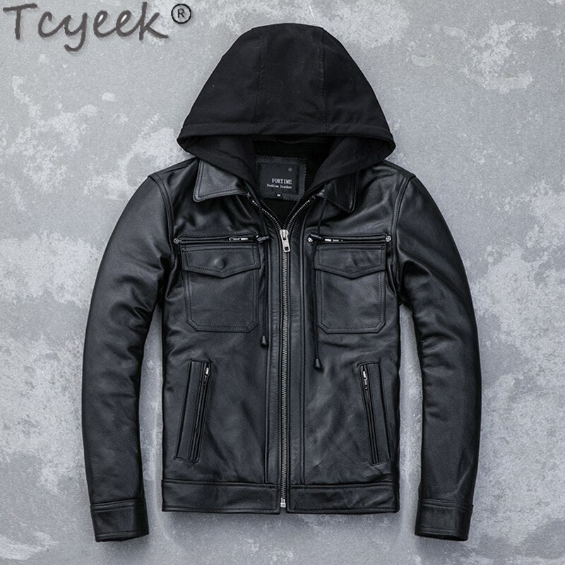 Quality Winter High Autumn Cow Leather Jacket Men Hooded Motorcycle Jackets Fashion Mens Clothing Chamarrasde Hombre LW01