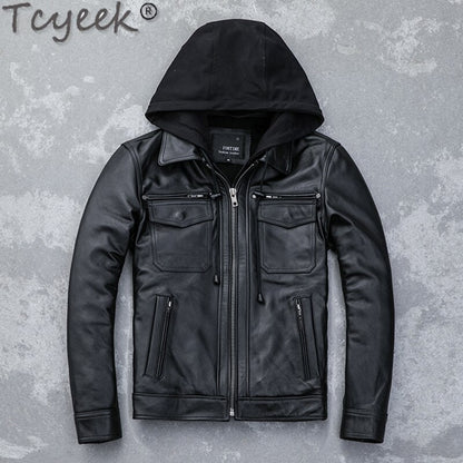 Quality Winter High Autumn Cow Leather Jacket Men Hooded Motorcycle Jackets Fashion Mens Clothing Chamarrasde Hombre LW01