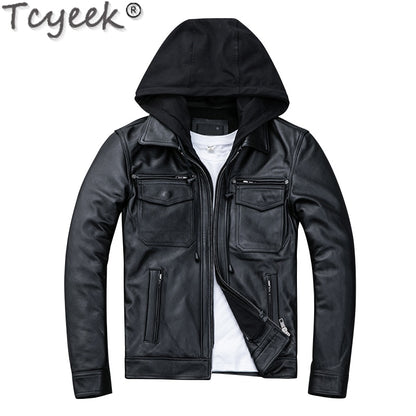 Quality Winter High Autumn Cow Leather Jacket Men Hooded Motorcycle Jackets Fashion Mens Clothing Chamarrasde Hombre LW01