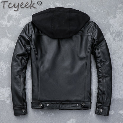 Quality Winter High Autumn Cow Leather Jacket Men Hooded Motorcycle Jackets Fashion Mens Clothing Chamarrasde Hombre LW01