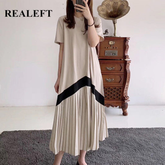 REALEFT Women 2020 Casual Pleated Long Dresses Short Sleeve O-Neck High Waist Color Patchwork Striped Print Dresses for Ladies