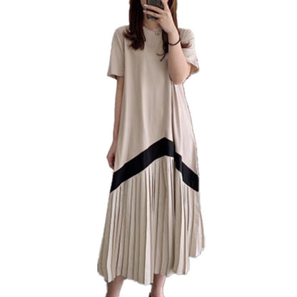 REALEFT Women 2020 Casual Pleated Long Dresses Short Sleeve O-Neck High Waist Color Patchwork Striped Print Dresses for Ladies