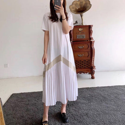 REALEFT Women 2020 Casual Pleated Long Dresses Short Sleeve O-Neck High Waist Color Patchwork Striped Print Dresses for Ladies