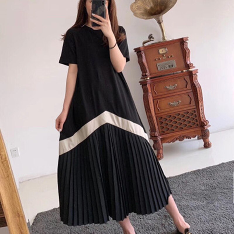 REALEFT Women 2020 Casual Pleated Long Dresses Short Sleeve O-Neck High Waist Color Patchwork Striped Print Dresses for Ladies