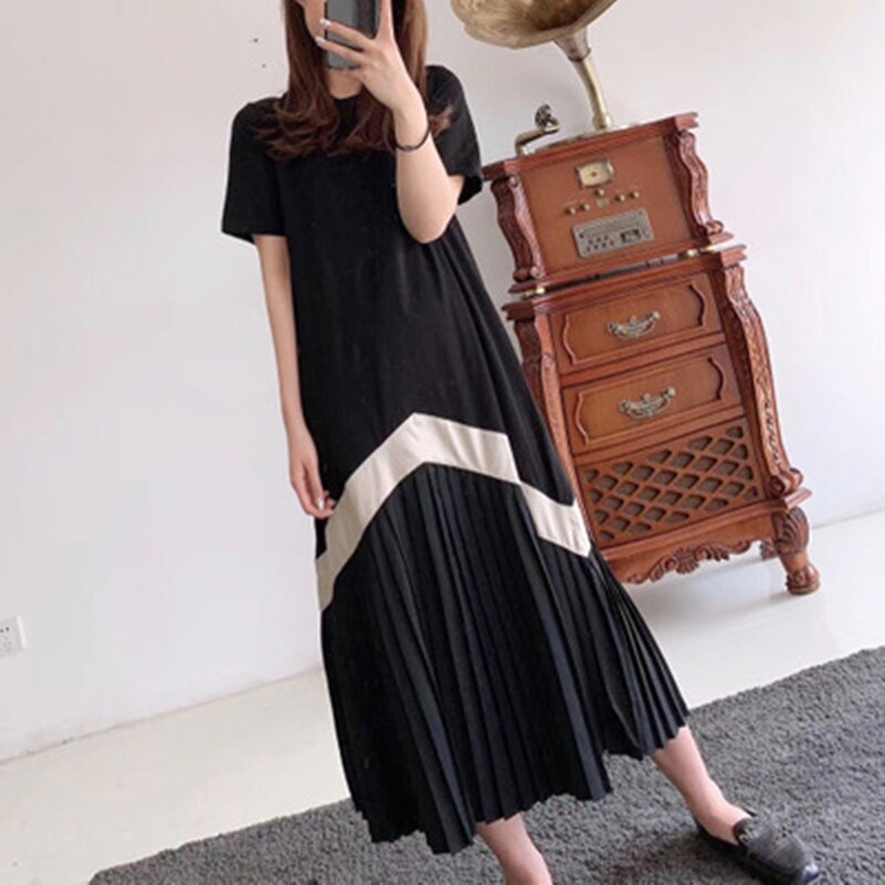 REALEFT Women 2020 Casual Pleated Long Dresses Short Sleeve O-Neck High Waist Color Patchwork Striped Print Dresses for Ladies