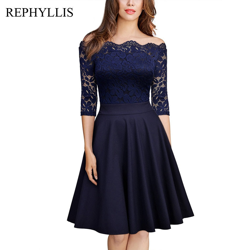 REPHYLLIS Women Lace 1/2 Sleeve Vintage Stitching Cocktail Wedding Guest Party Ceremony Elegant Midi Dress