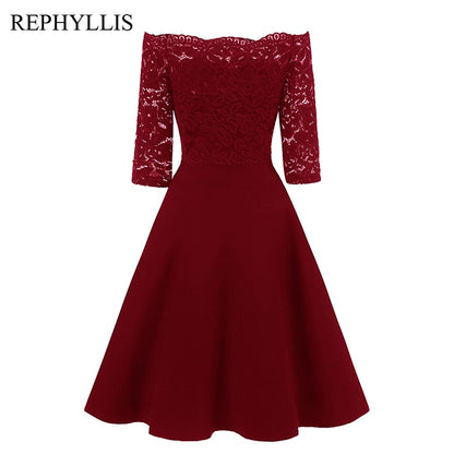 REPHYLLIS Women Lace 1/2 Sleeve Vintage Stitching Cocktail Wedding Guest Party Ceremony Elegant Midi Dress