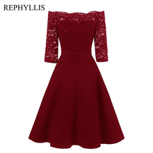 Load image into Gallery viewer, REPHYLLIS Women Lace 1/2 Sleeve Vintage Stitching Cocktail Wedding Guest Party Ceremony Elegant Midi Dress
