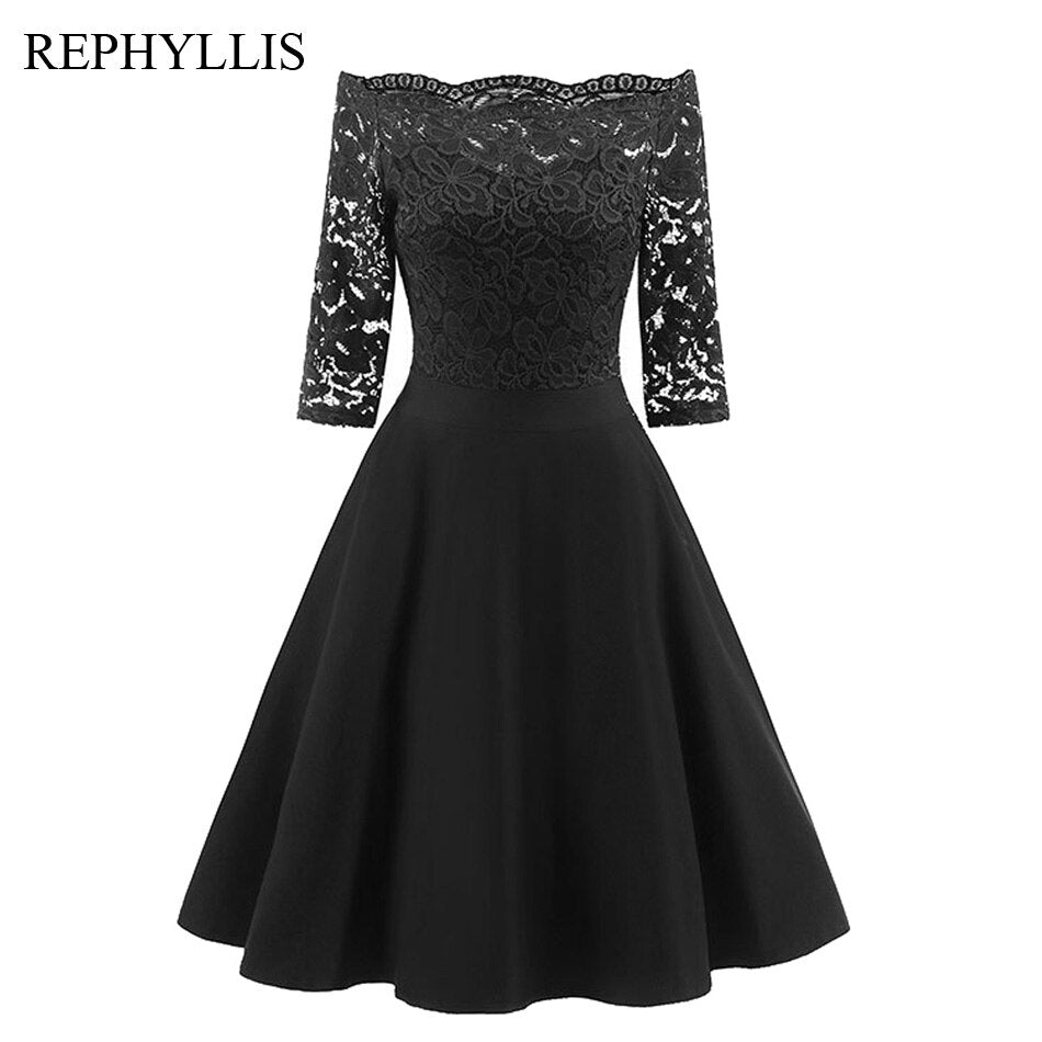 REPHYLLIS Women Lace 1/2 Sleeve Vintage Stitching Cocktail Wedding Guest Party Ceremony Elegant Midi Dress