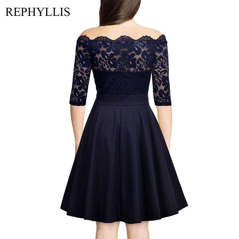 REPHYLLIS Women Lace 1/2 Sleeve Vintage Stitching Cocktail Wedding Guest Party Ceremony Elegant Midi Dress