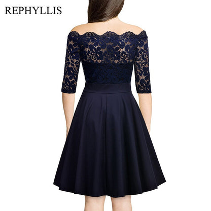 REPHYLLIS Women Lace 1/2 Sleeve Vintage Stitching Cocktail Wedding Guest Party Ceremony Elegant Midi Dress