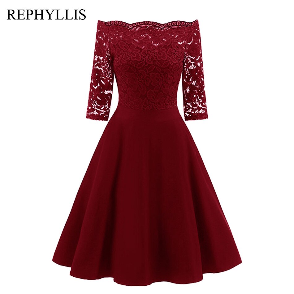 REPHYLLIS Women Lace 1/2 Sleeve Vintage Stitching Cocktail Wedding Guest Party Ceremony Elegant Midi Dress
