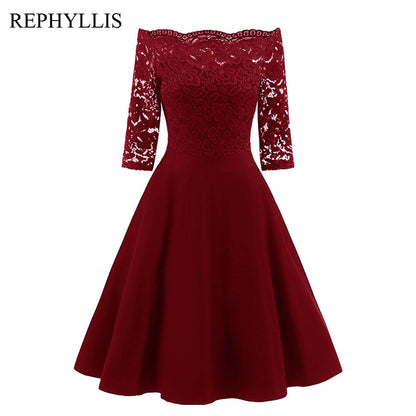 REPHYLLIS Women Lace 1/2 Sleeve Vintage Stitching Cocktail Wedding Guest Party Ceremony Elegant Midi Dress